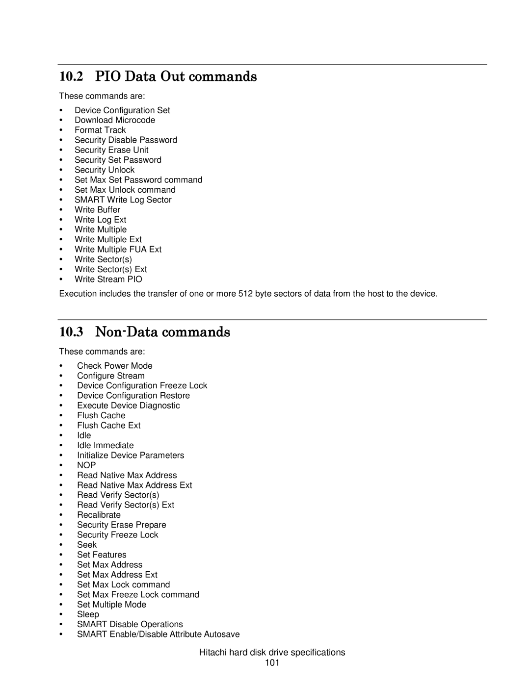 Hitachi HUA722050CLA330/1, A7K2000 PIO Data Out commands, Non-Data commands, Hitachi hard disk drive specifications 101 