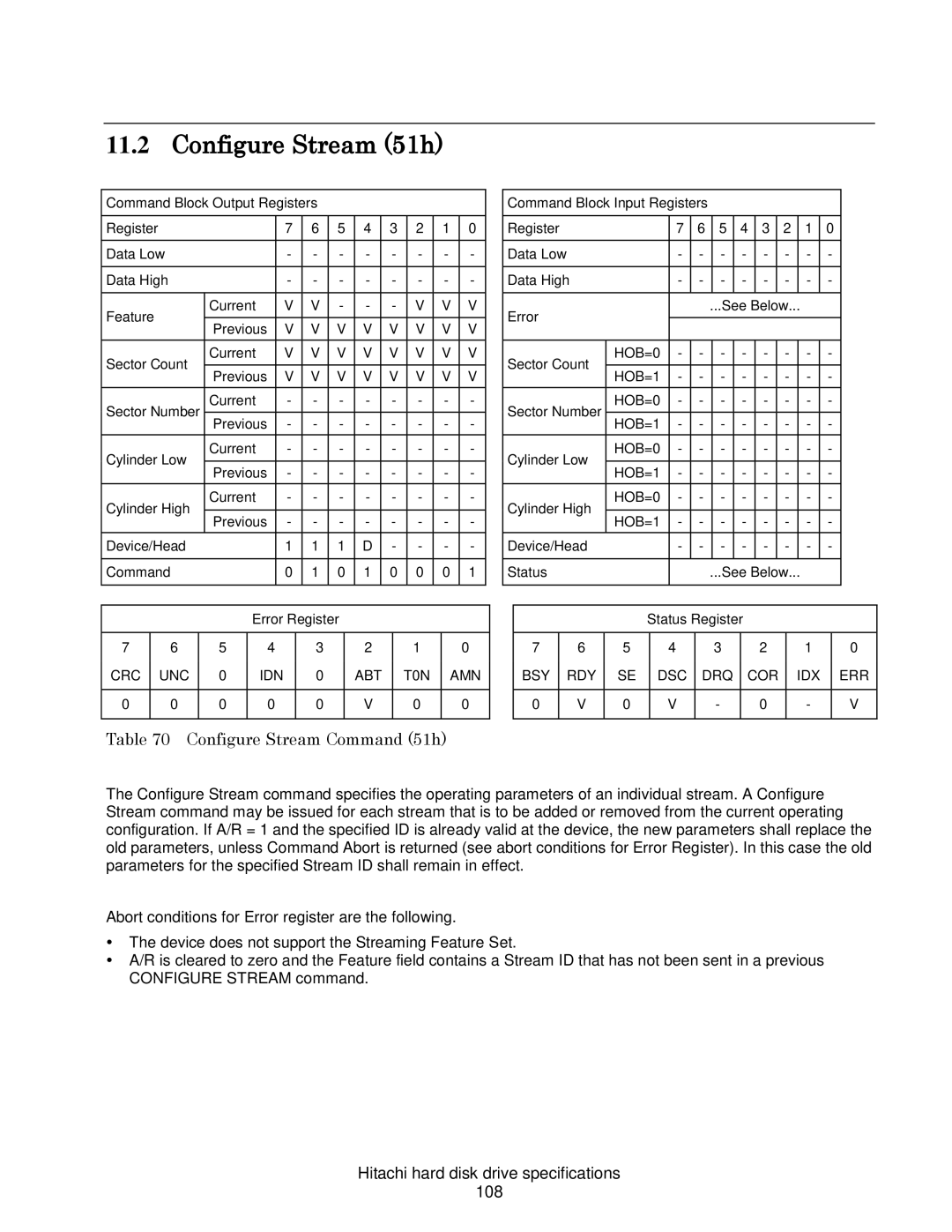 Hitachi HDS721032CLA362 Configure Stream 51h, Configure Stream Command 51h, Hitachi hard disk drive specifications 108 