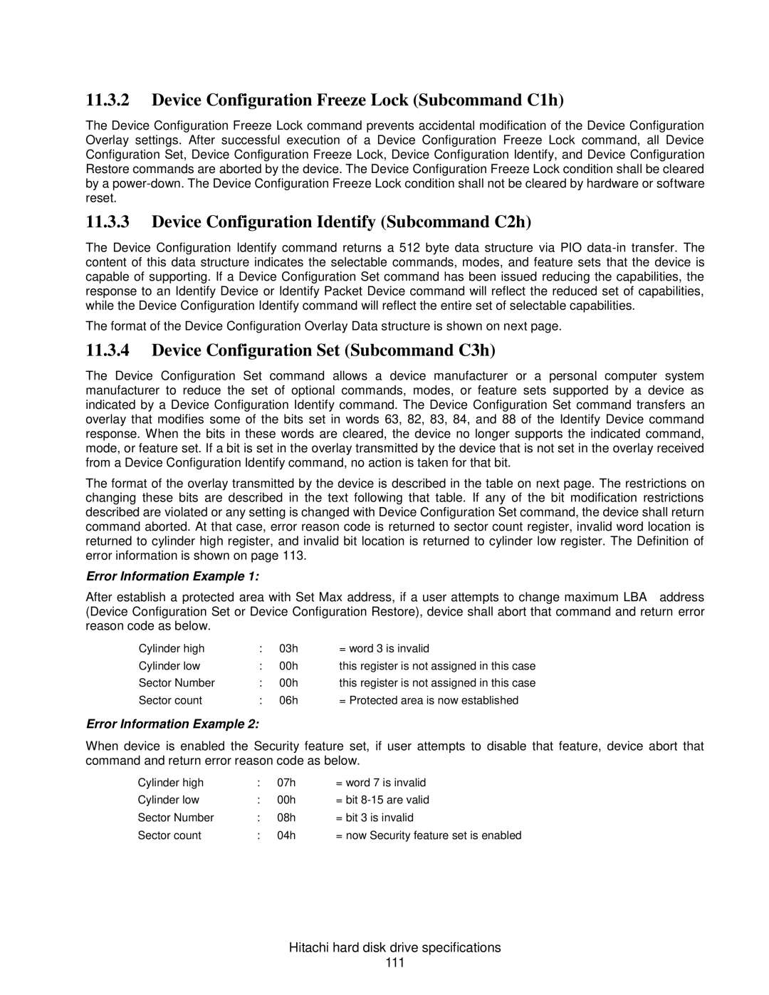 Hitachi HDS721016CLA682 Device Configuration Freeze Lock Subcommand C1h, Device Configuration Identify Subcommand C2h 