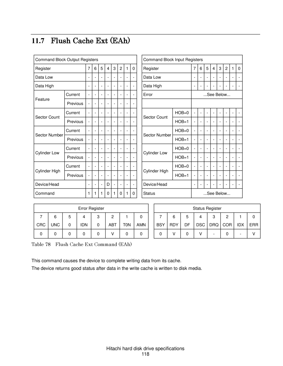 Hitachi HCS721075CLA332 Flush Cache Ext EAh, Flush Cache Ext Command EAh, Hitachi hard disk drive specifications 118 