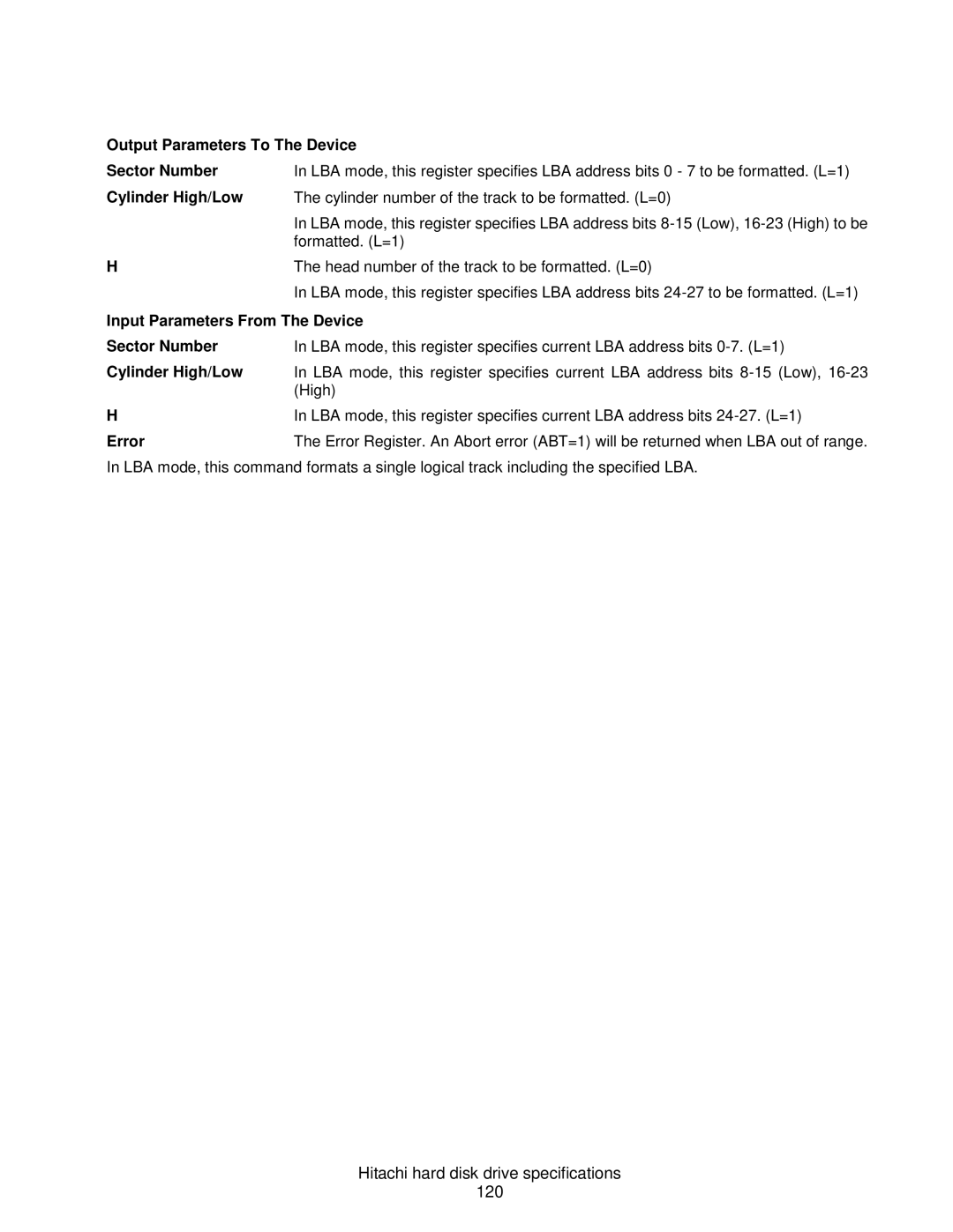 Hitachi HDS721075CLA632, A7K2000 Hitachi hard disk drive specifications 120, Output Parameters To The Device Sector Number 