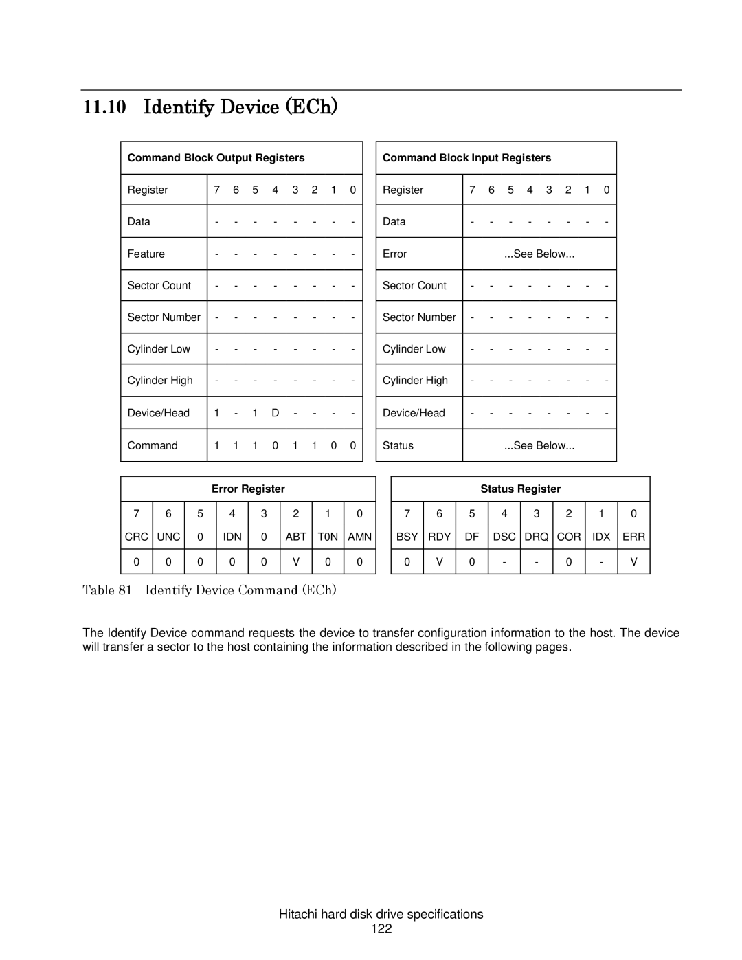 Hitachi HDS721075CLA332 Identify Device ECh, Identify Device Command ECh, Hitachi hard disk drive specifications 122 
