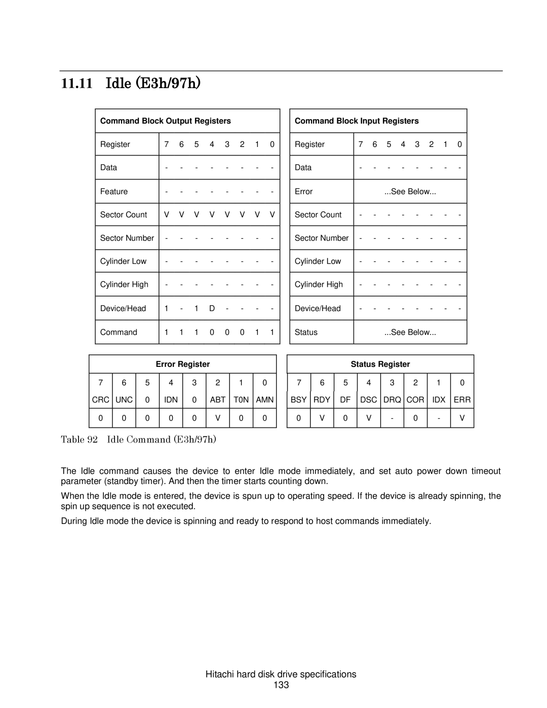 Hitachi HDS721010CLA632, HCS721050CLA382 Idle E3h/97h, Idle Command E3h/97h, Hitachi hard disk drive specifications 133 