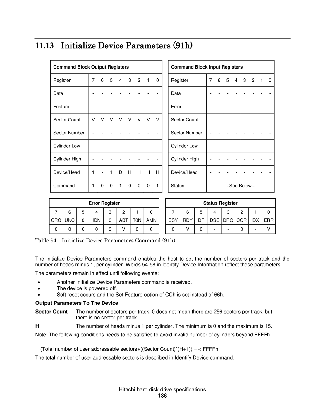 Hitachi A7K2000, HCS721050CLA382, 7K1000C Initialize Device Parameters 91h, Initialize Device Parameters Command 91h 