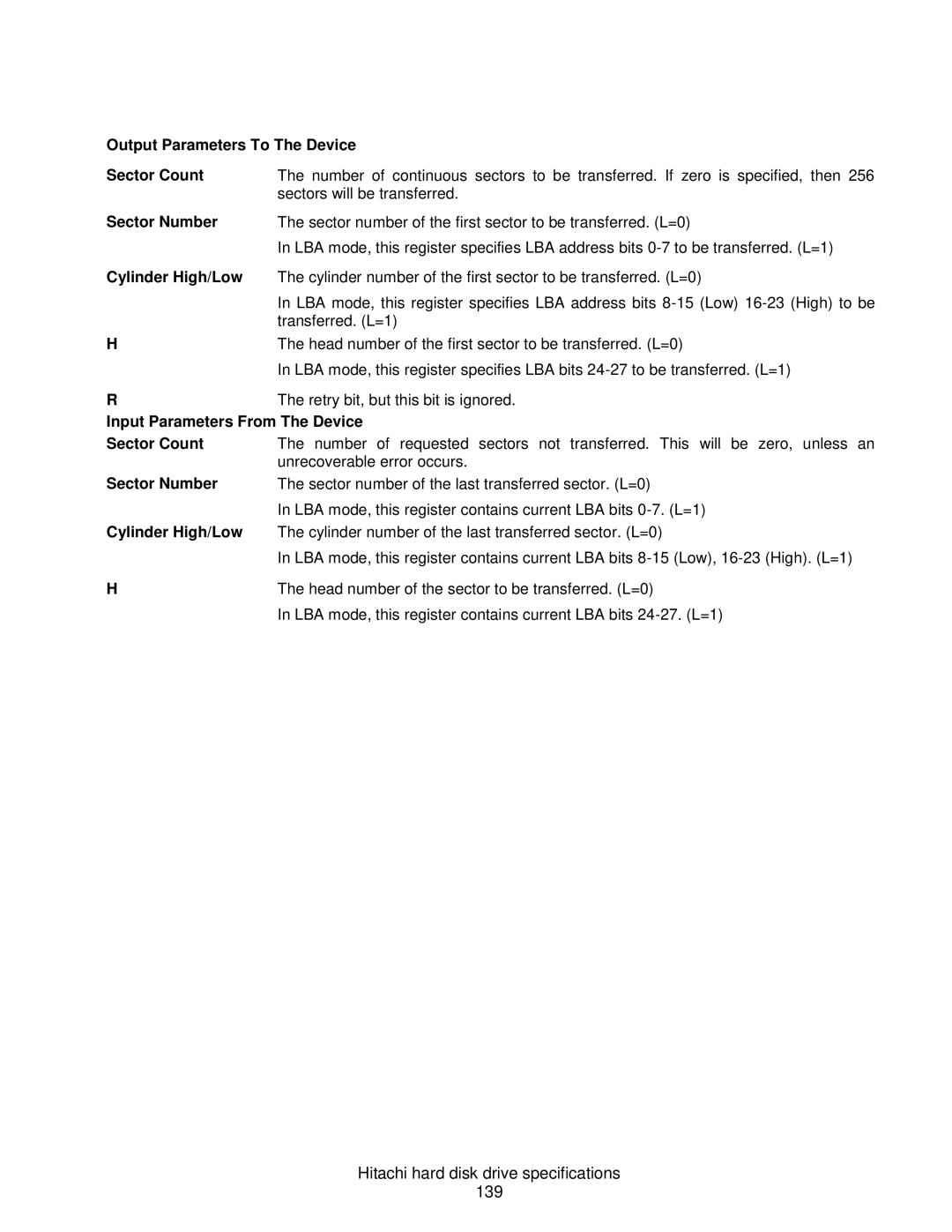 Hitachi HCS721032CLA382, A7K2000 Hitachi hard disk drive specifications 139, Output Parameters To The Device Sector Count 