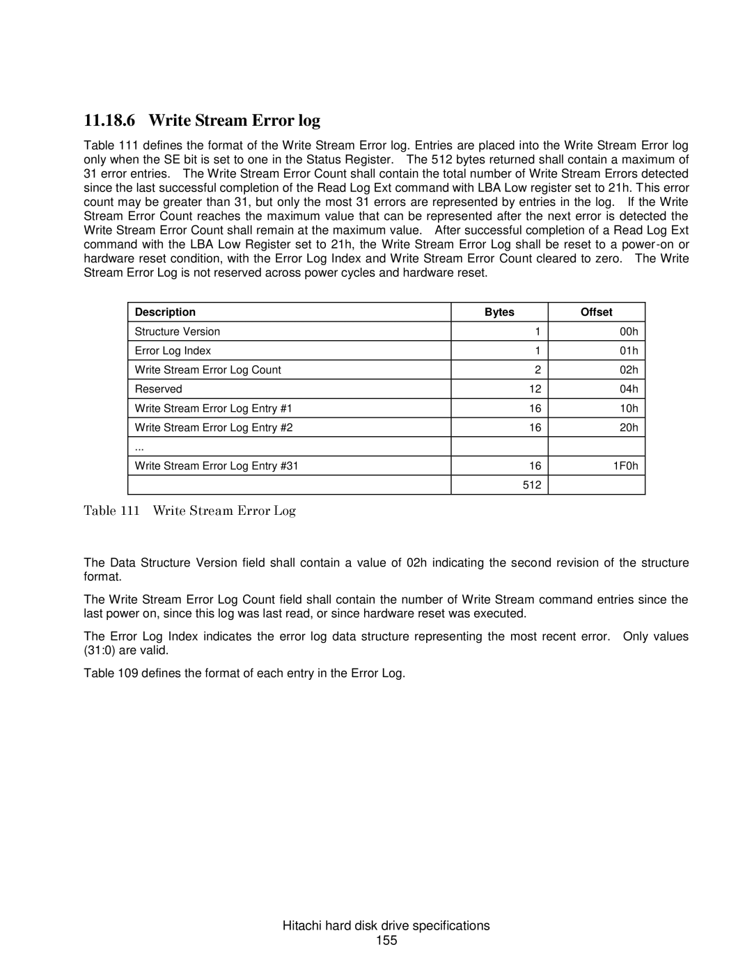Hitachi HDS721025CLA382 Write Stream Error log, Write Stream Error Log, Hitachi hard disk drive specifications 155 