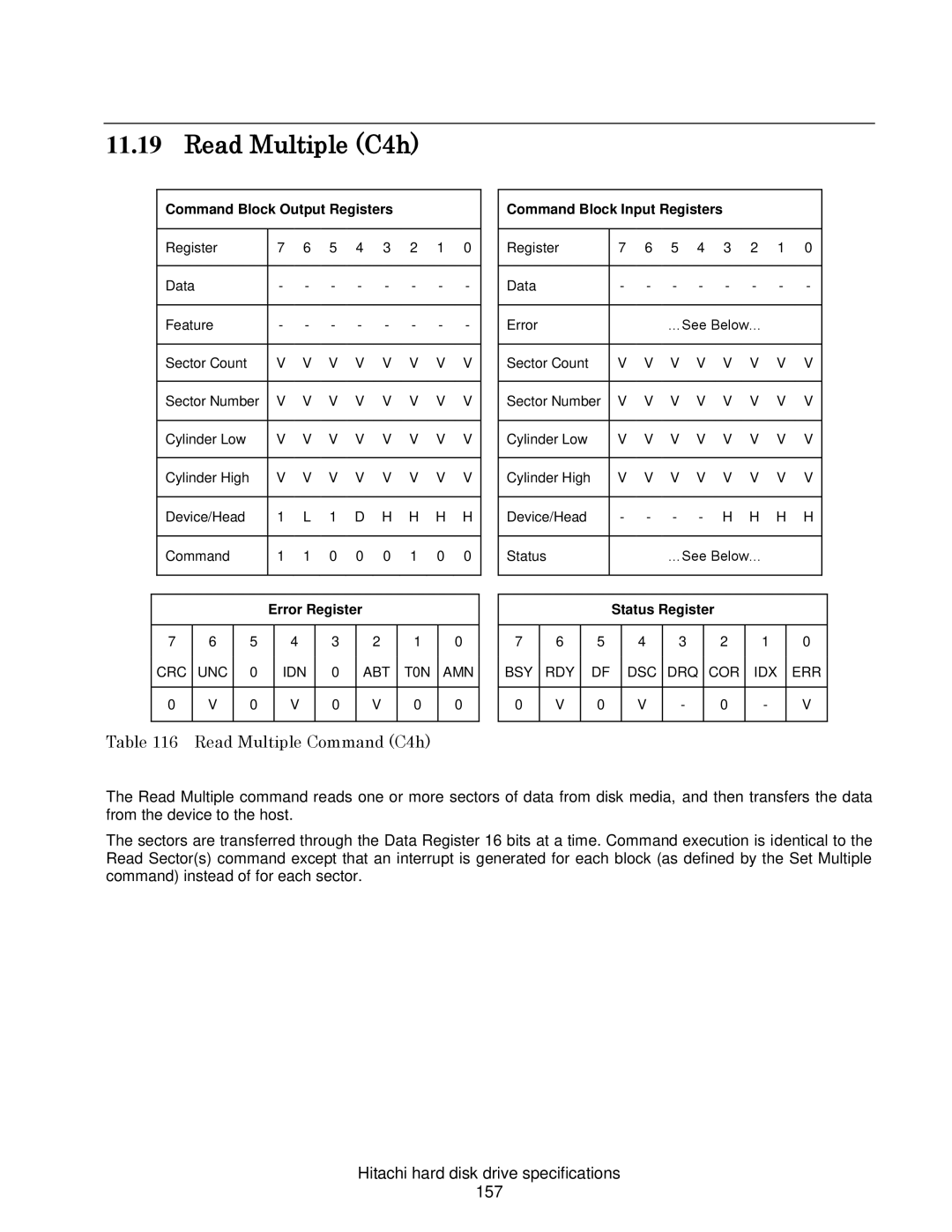Hitachi HDS721016CLA682, A7K2000 Read Multiple C4h, Read Multiple Command C4h, Hitachi hard disk drive specifications 157 
