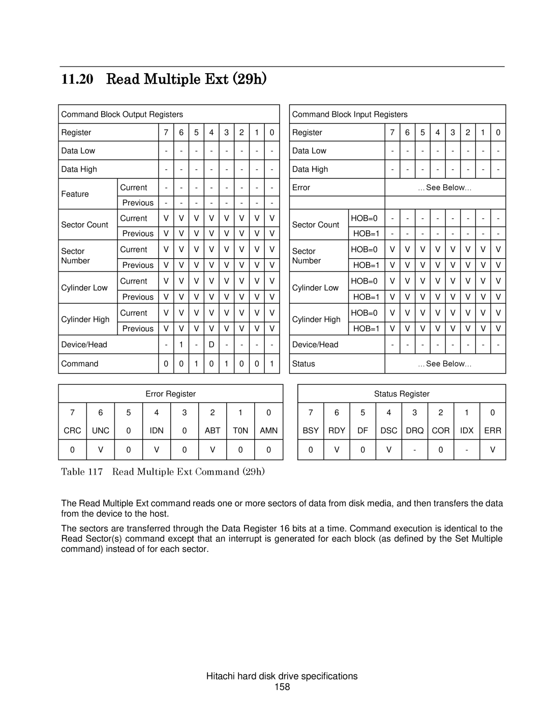 Hitachi HCS721010CLA332 Read Multiple Ext 29h, Read Multiple Ext Command 29h, Hitachi hard disk drive specifications 158 