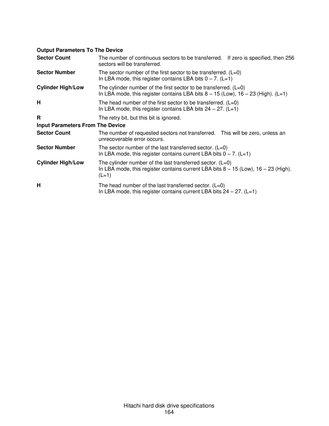 Hitachi HCS721075CLA332, A7K2000 Hitachi hard disk drive specifications 164, Output Parameters To The Device Sector Count 