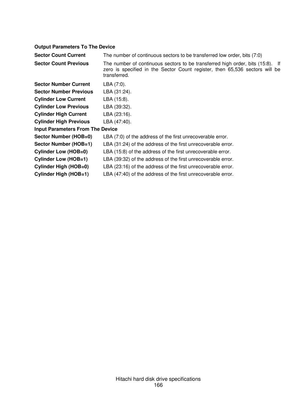 Hitachi HDS721075CLA632 Hitachi hard disk drive specifications 166, Output Parameters To The Device Sector Count Current 