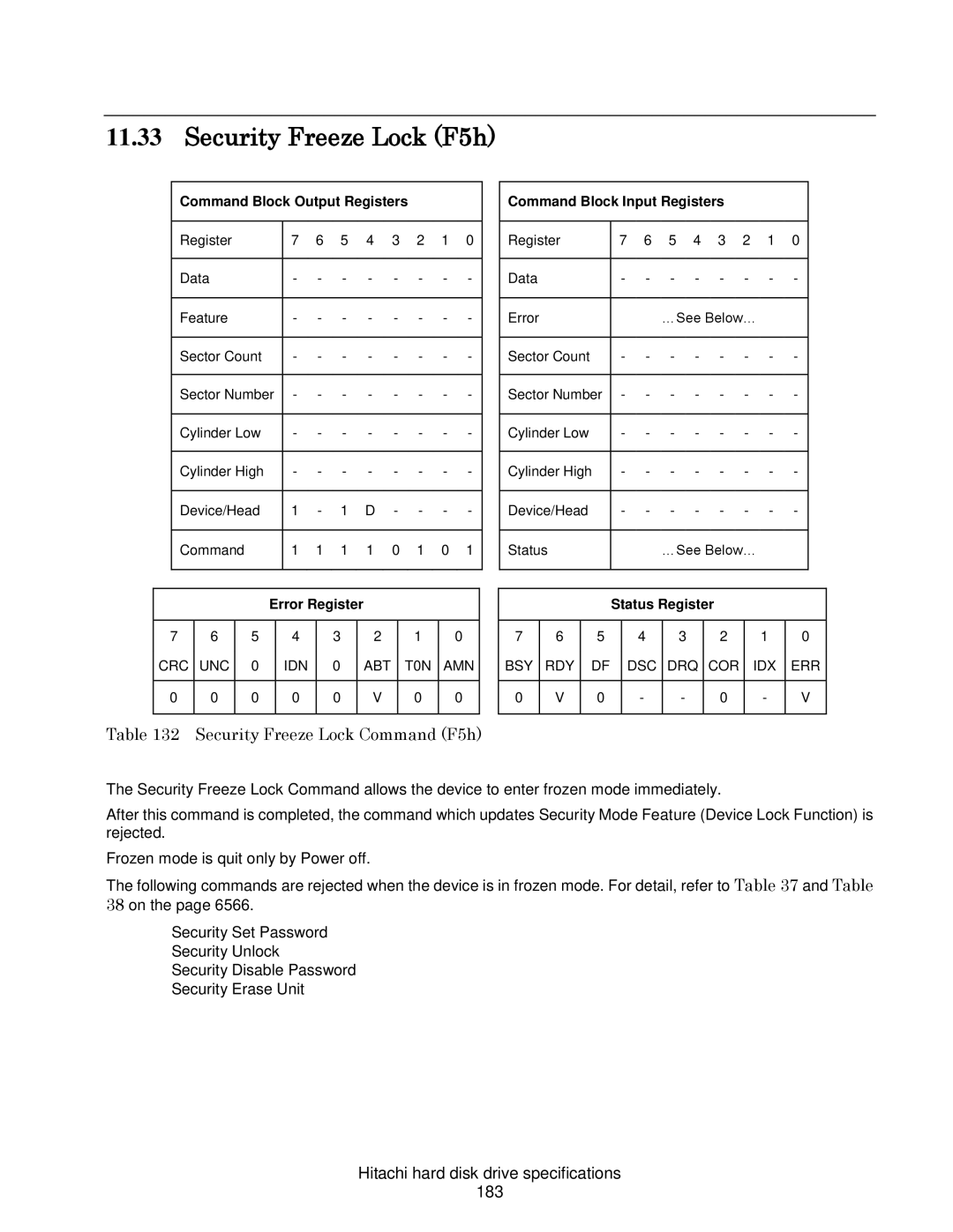 Hitachi 7K1000C Security Freeze Lock F5h, Security Freeze Lock Command F5h, Hitachi hard disk drive specifications 183 