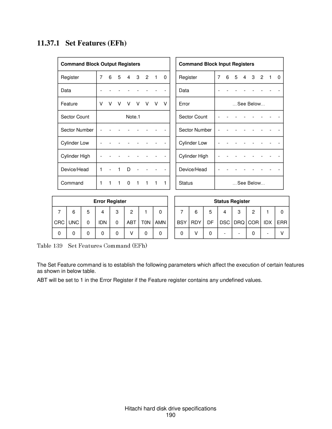 Hitachi HDS721050CLA662, A7K2000 Set Features EFh, Set Features Command EFh, Hitachi hard disk drive specifications 190 
