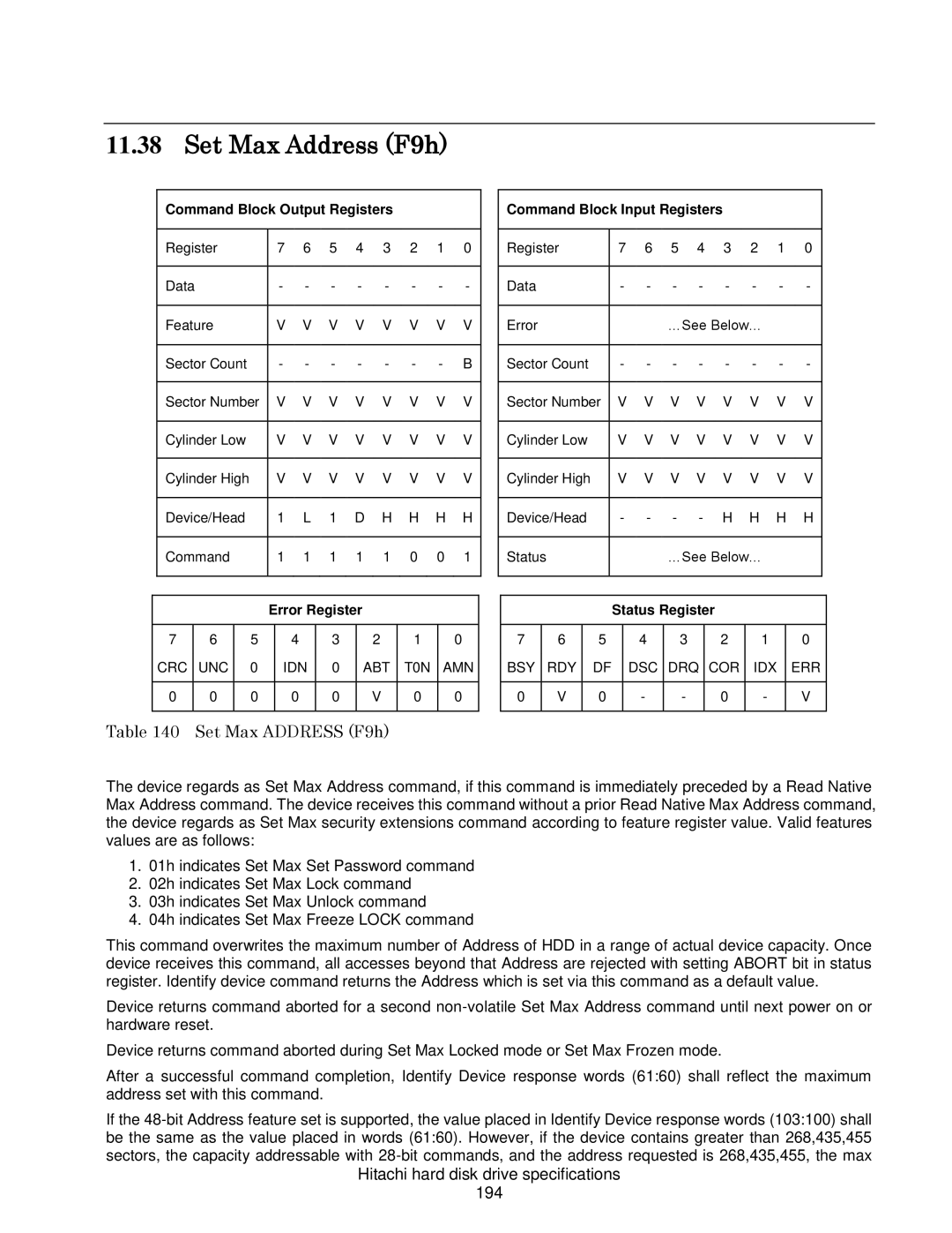 Hitachi HCS721016CLA382, HCS721050CLA382, HCS721032CLA382 Set Max Address F9h, Hitachi hard disk drive specifications 194 
