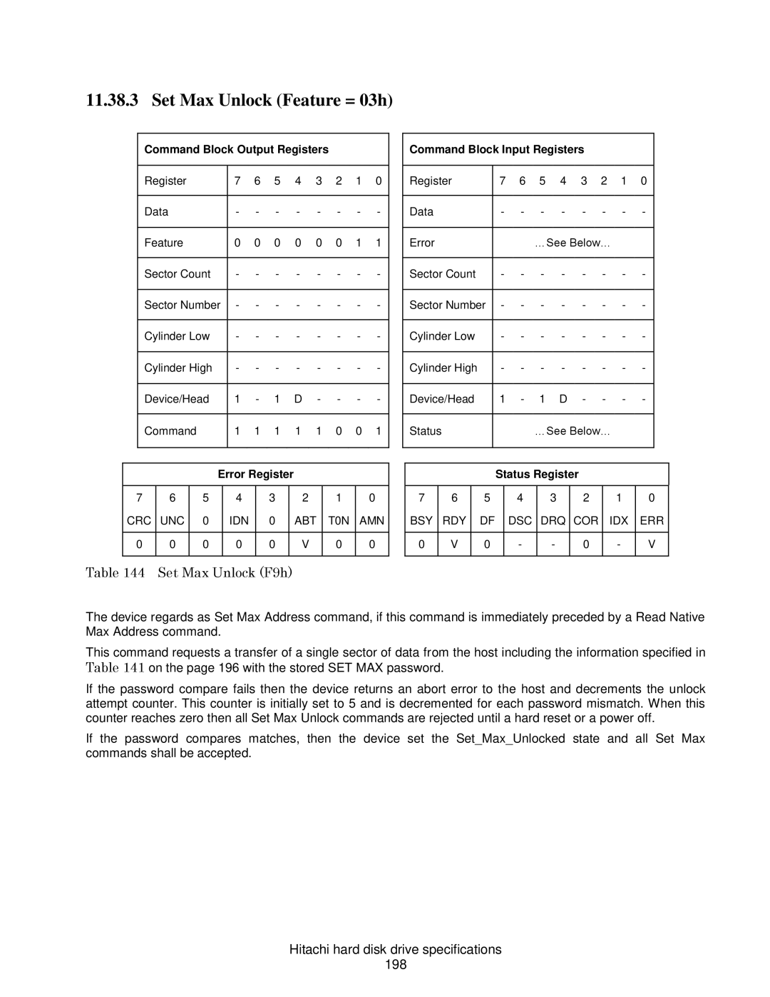 Hitachi HDP725050GLA360 Set Max Unlock Feature = 03h, Set Max Unlock F9h, Hitachi hard disk drive specifications 198 
