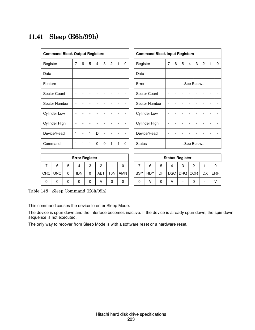 Hitachi HDS721016CLA682, HCS721050CLA382 Sleep E6h/99h, Sleep Command E6h/99h, Hitachi hard disk drive specifications 203 