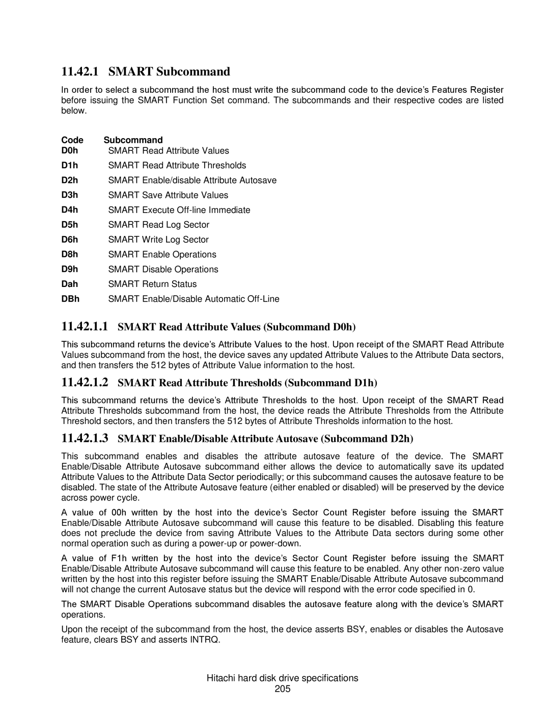 Hitachi A7K2000 Smart Subcommand, Smart Read Attribute Values Subcommand D0h, Hitachi hard disk drive specifications 205 