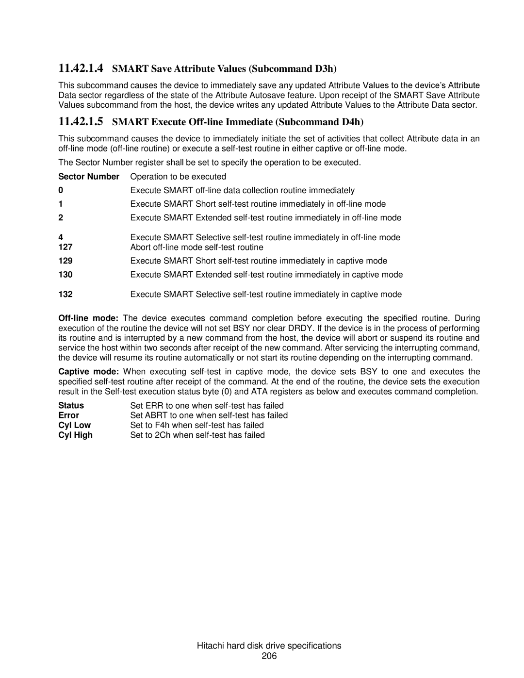 Hitachi 7K1000C, A7K2000 Smart Save Attribute Values Subcommand D3h, Smart Execute Off-line Immediate Subcommand D4h 