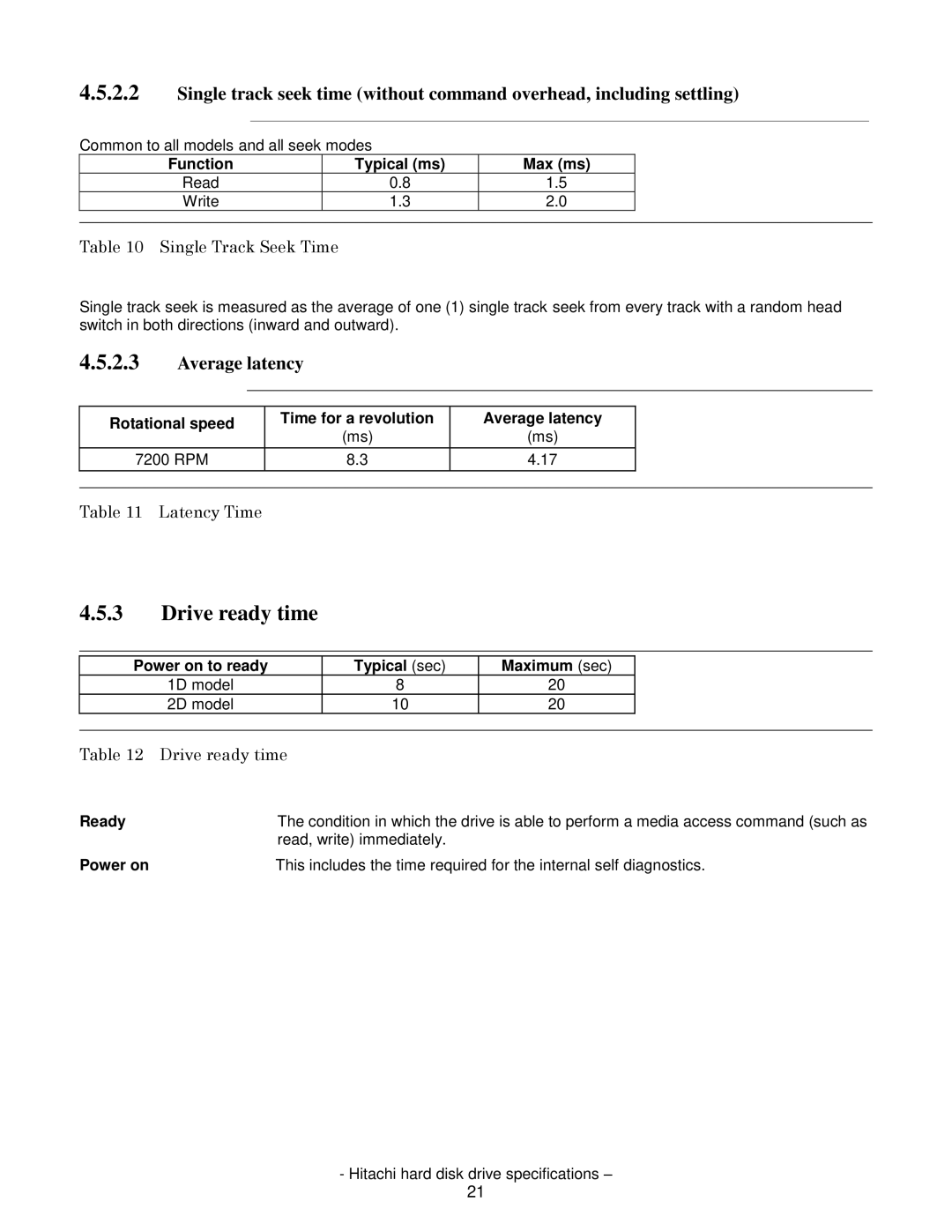 Hitachi A7K2000, HCS721050CLA382, HCS721032CLA382 Drive ready time, Average latency, Single Track Seek Time, Latency Time 