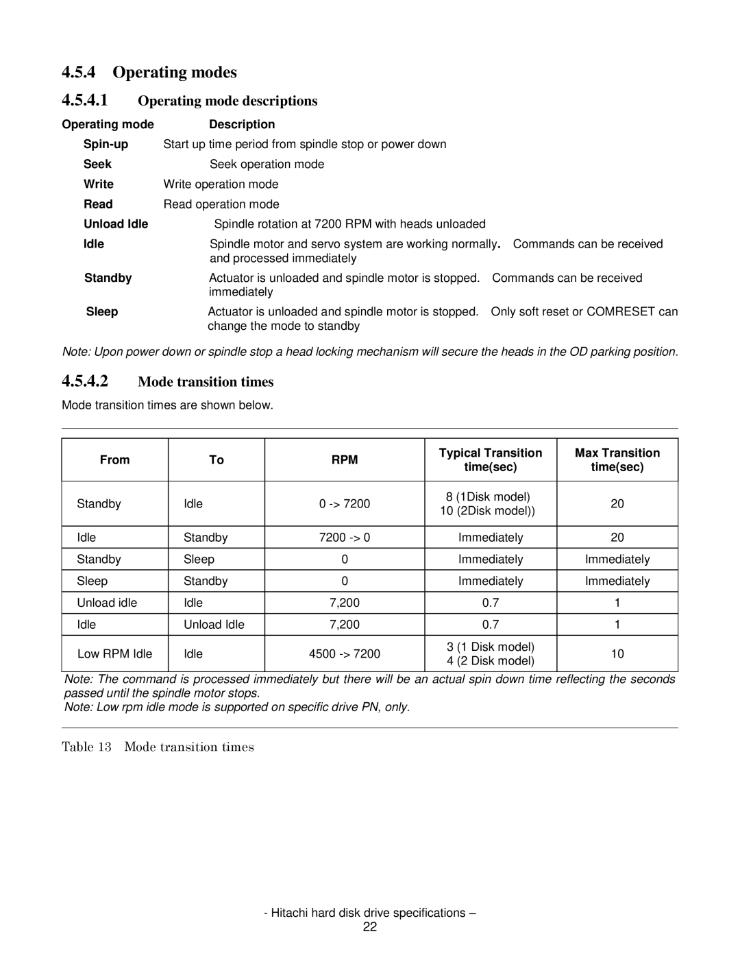 Hitachi 7K1000C, HCS721050CLA382, HCS721032CLA382 Operating modes, Operating mode descriptions, Mode transition times 