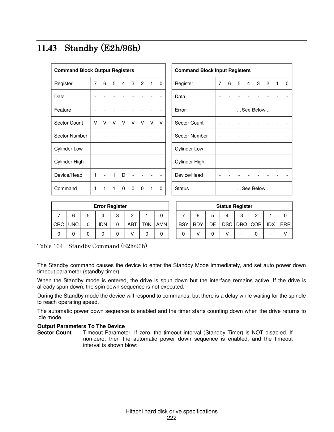 Hitachi HDS721025CLA682, A7K2000 Standby E2h/96h, Standby Command E2h/96h, Hitachi hard disk drive specifications 222 
