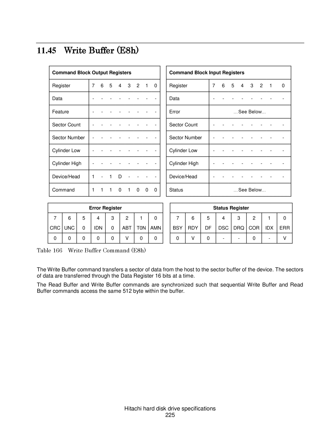 Hitachi HDS721010CLA632, A7K2000 Write Buffer E8h, Write Buffer Command E8h, Hitachi hard disk drive specifications 225 