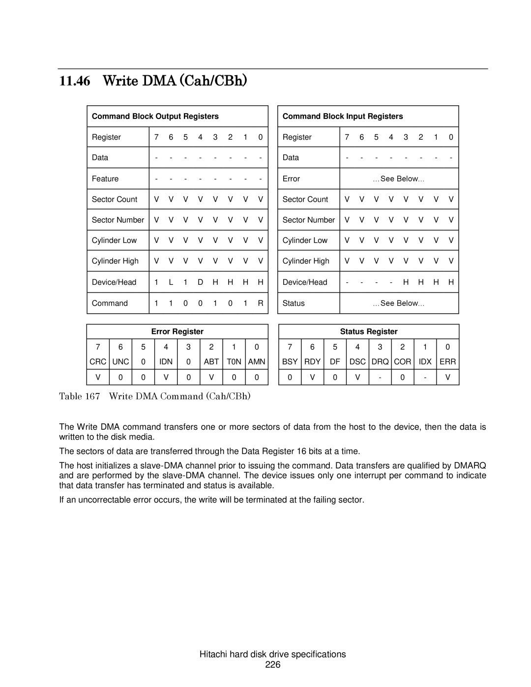 Hitachi HDS721016CLA682, A7K2000 Write DMA Cah/CBh, Write DMA Command Cah/CBh, Hitachi hard disk drive specifications 226 
