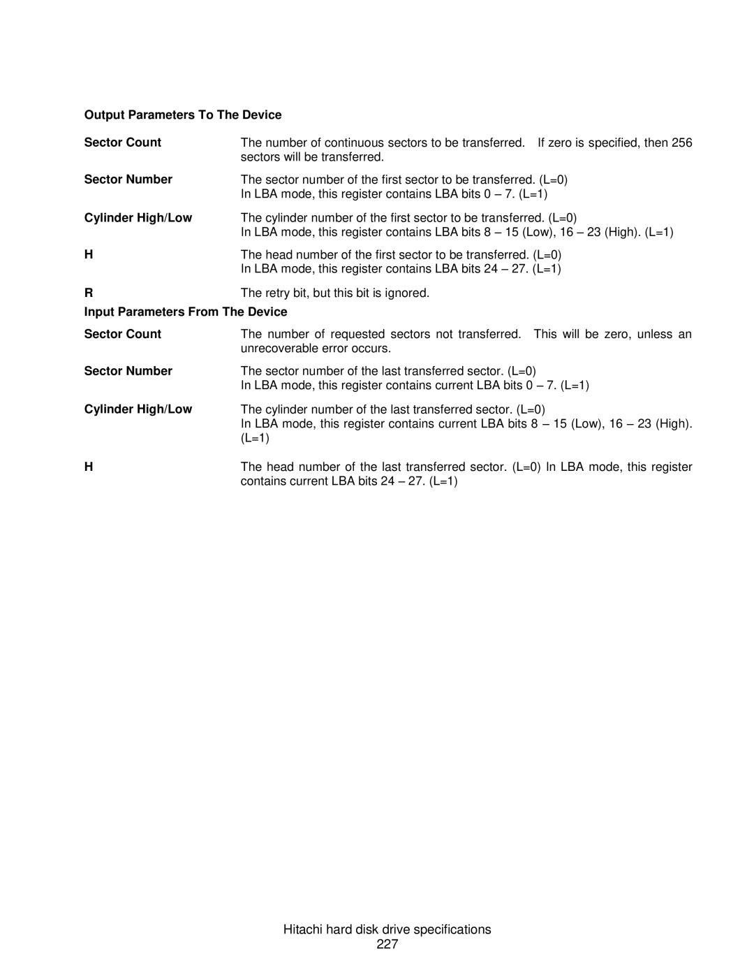 Hitachi HCS721010CLA332, A7K2000 Hitachi hard disk drive specifications 227, Output Parameters To The Device Sector Count 