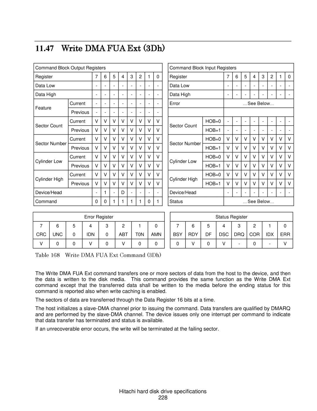 Hitachi A7K2000, 7K1000C Write DMA FUA Ext 3Dh, Write DMA FUA Ext Command 3Dh, Hitachi hard disk drive specifications 228 