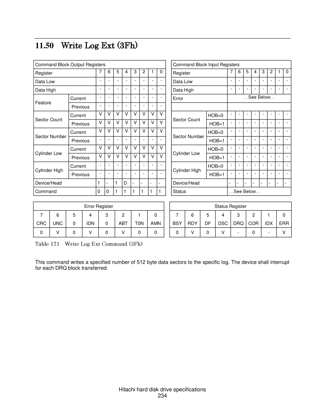 Hitachi HUA722010CLA330/1 Write Log Ext 3Fh, Write Log Ext Command 3Fh, Hitachi hard disk drive specifications 234 