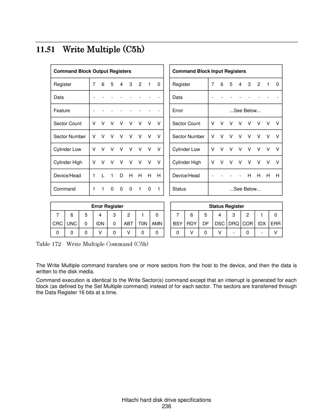 Hitachi HDS721050CLA662 Write Multiple C5h, Write Multiple Command C5h, Hitachi hard disk drive specifications 236 