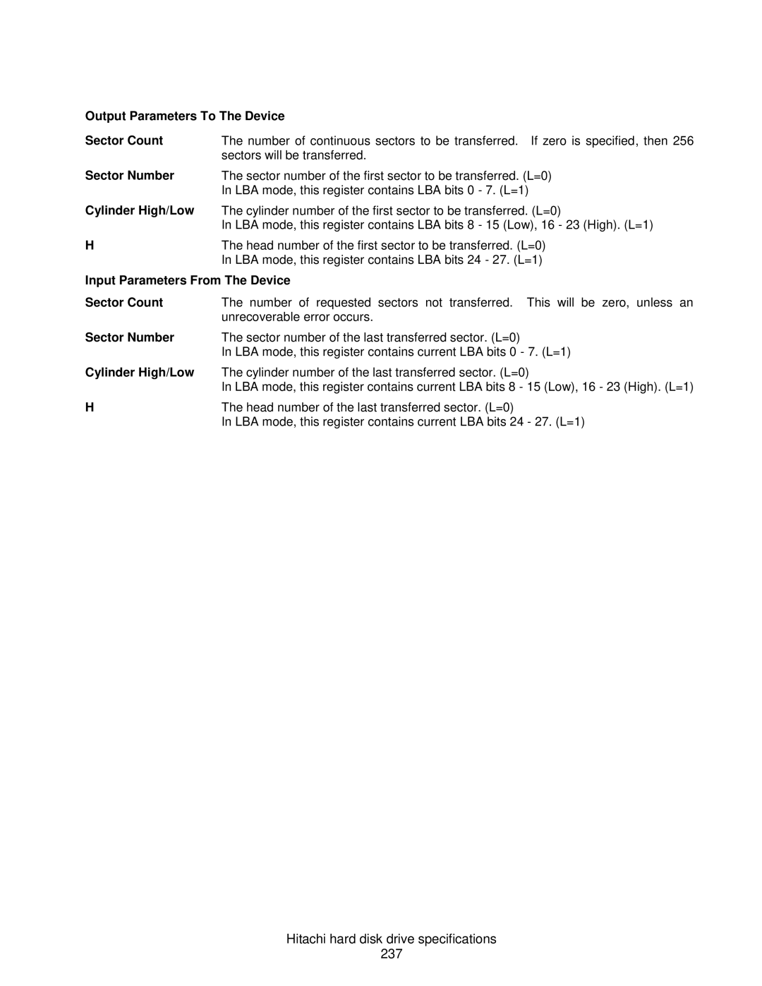 Hitachi HDS721075CLA332, A7K2000 Hitachi hard disk drive specifications 237, Output Parameters To The Device Sector Count 