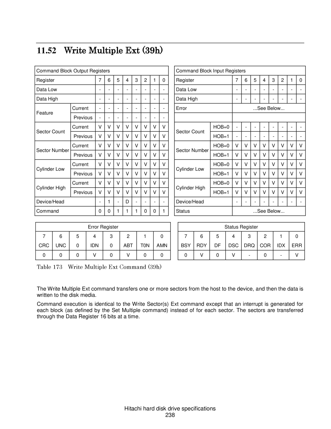 Hitachi HDS721064CLA332 Write Multiple Ext 39h, Write Multiple Ext Command 39h, Hitachi hard disk drive specifications 238 