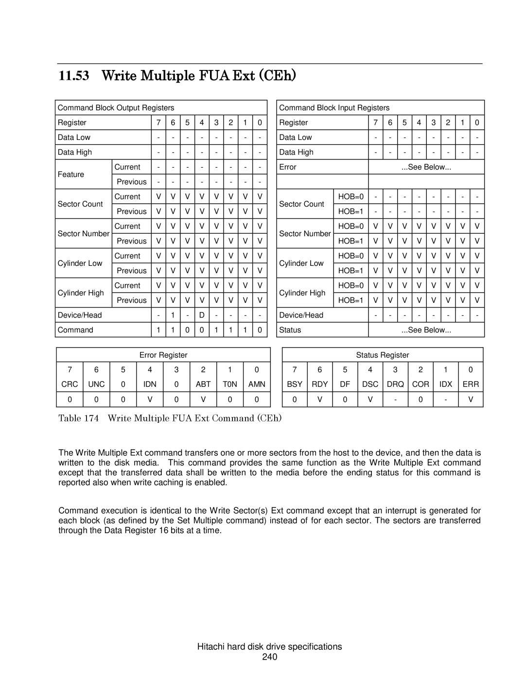Hitachi HCS721016CLA382, HCS721050CLA382, A7K2000 Write Multiple FUA Ext CEh, Hitachi hard disk drive specifications 240 