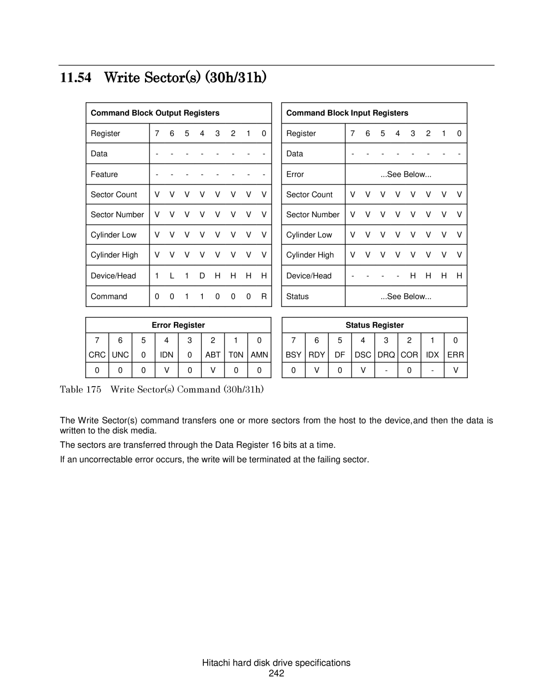 Hitachi HDS721032CLA662 Write Sectors 30h/31h, Write Sectors Command 30h/31h, Hitachi hard disk drive specifications 242 