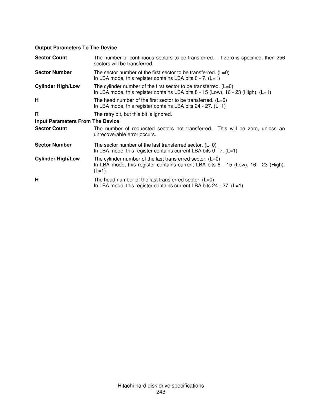 Hitachi HDS721010CLA332, A7K2000 Hitachi hard disk drive specifications 243, Output Parameters To The Device Sector Count 