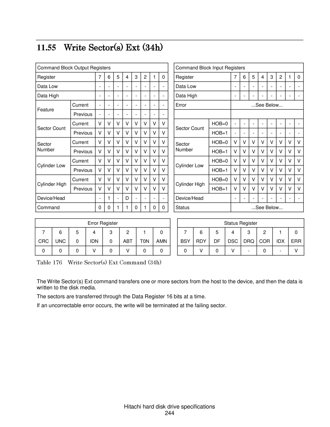 Hitachi HDP725050GLA360 Write Sectors Ext 34h, Write Sectors Ext Command 34h, Hitachi hard disk drive specifications 244 