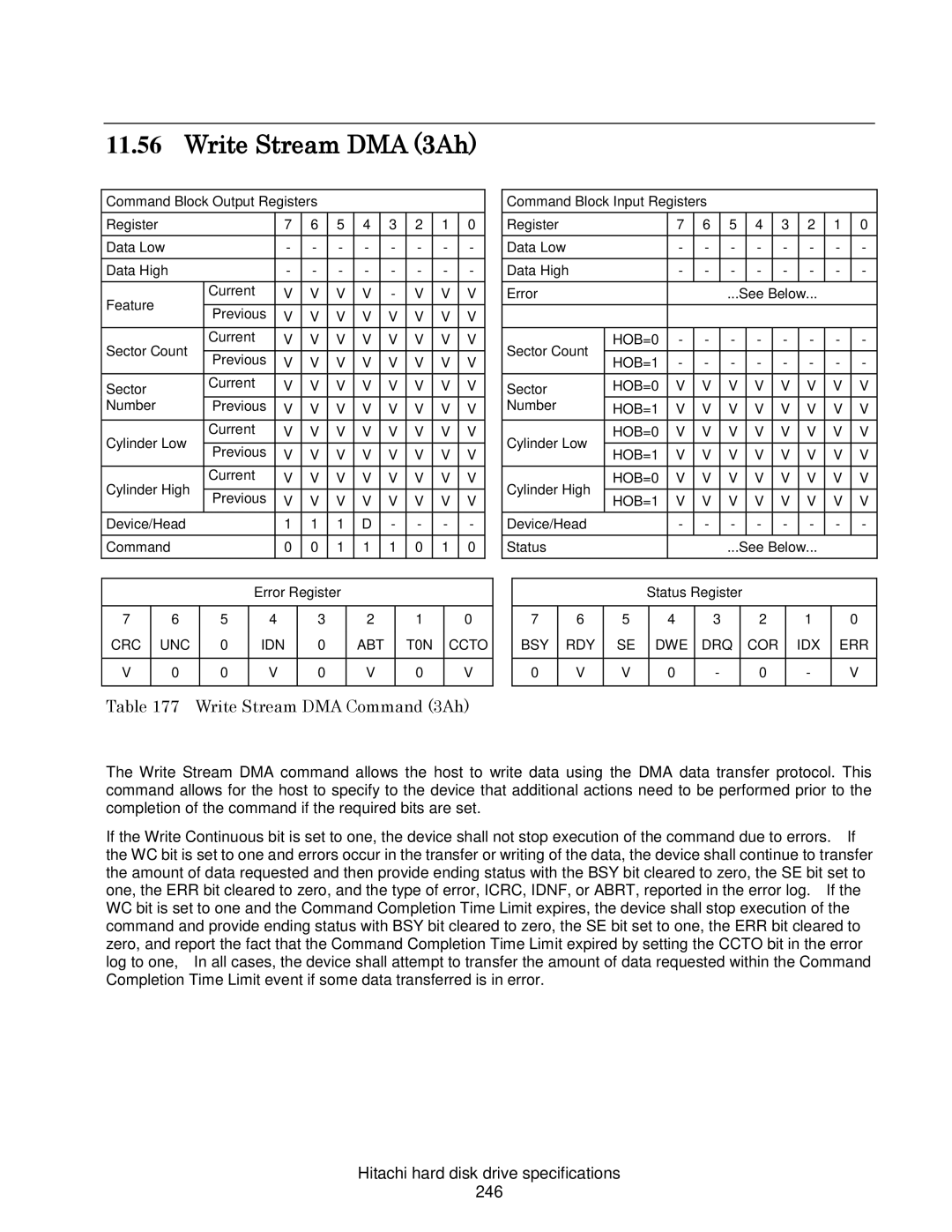 Hitachi HDS721032CLA362 Write Stream DMA 3Ah, Write Stream DMA Command 3Ah, Hitachi hard disk drive specifications 246 