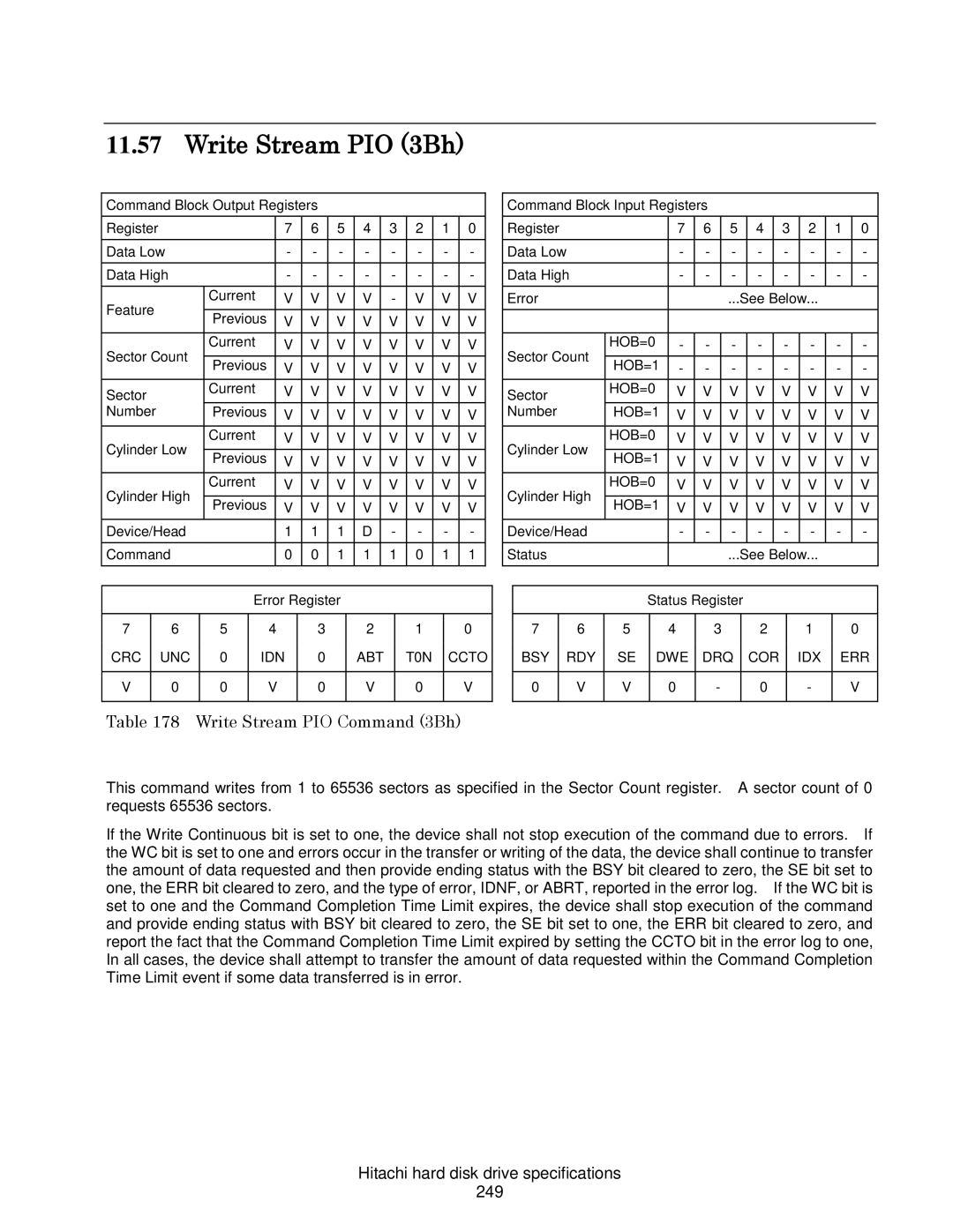 Hitachi HDS721016CLA682 Write Stream PIO 3Bh, Write Stream PIO Command 3Bh, Hitachi hard disk drive specifications 249 