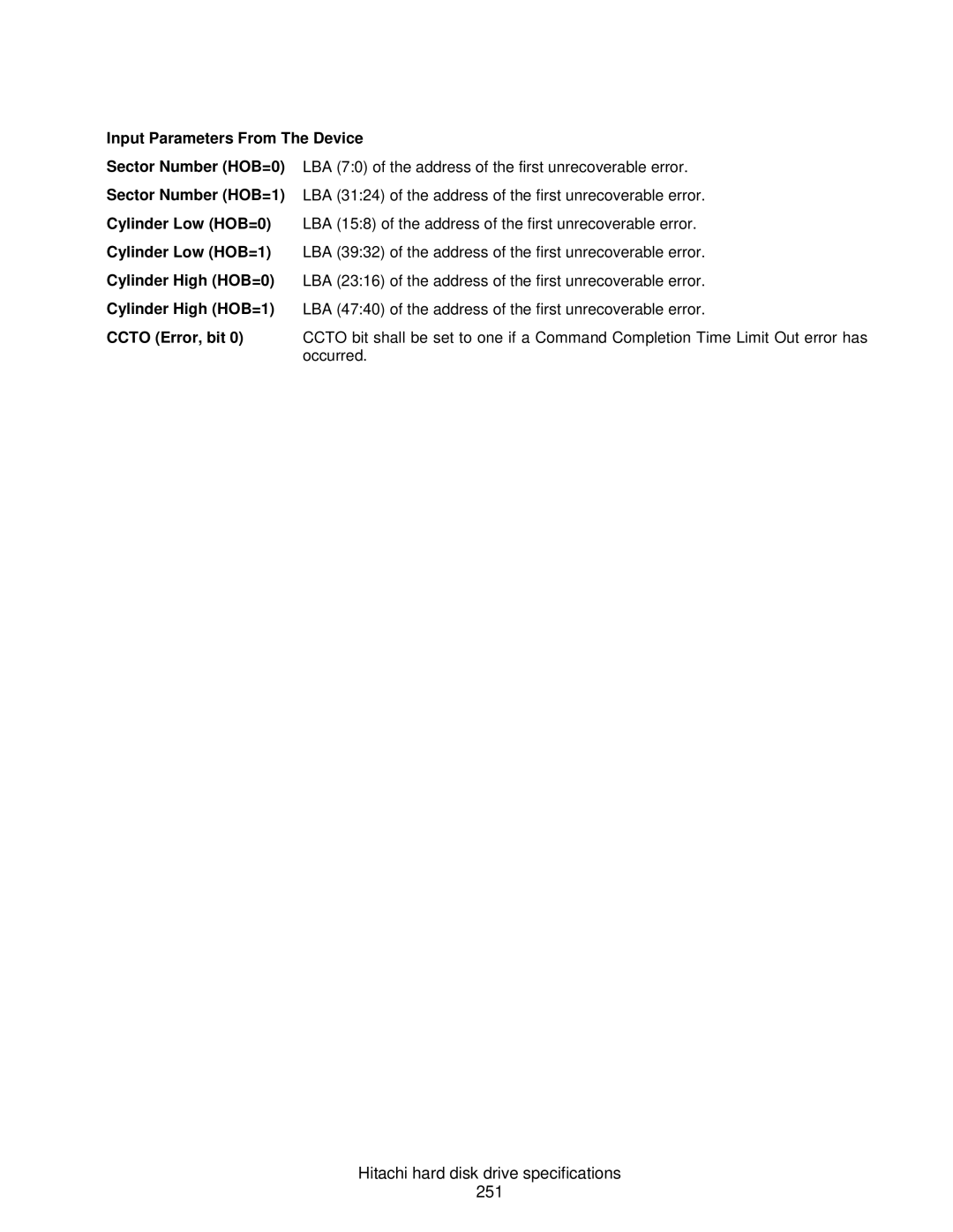 Hitachi A7K2000, HCS721050CLA382, 7K1000C Hitachi hard disk drive specifications 251, Input Parameters From The Device 