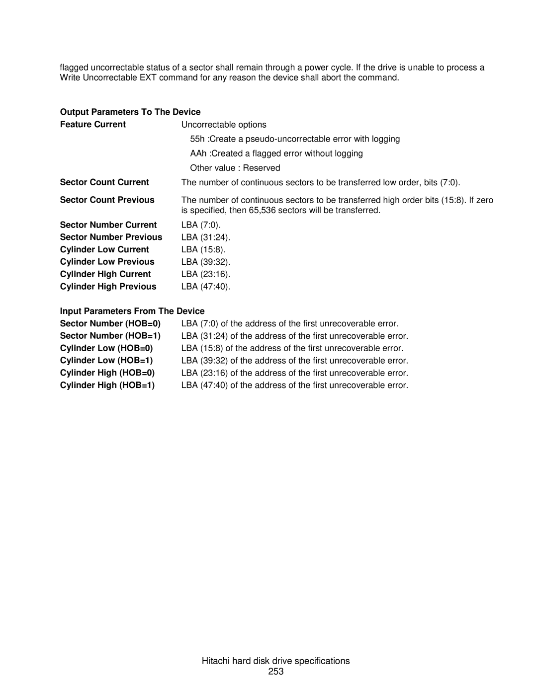 Hitachi HCS721050CLA382 Hitachi hard disk drive specifications 253, Output Parameters To The Device Feature Current 