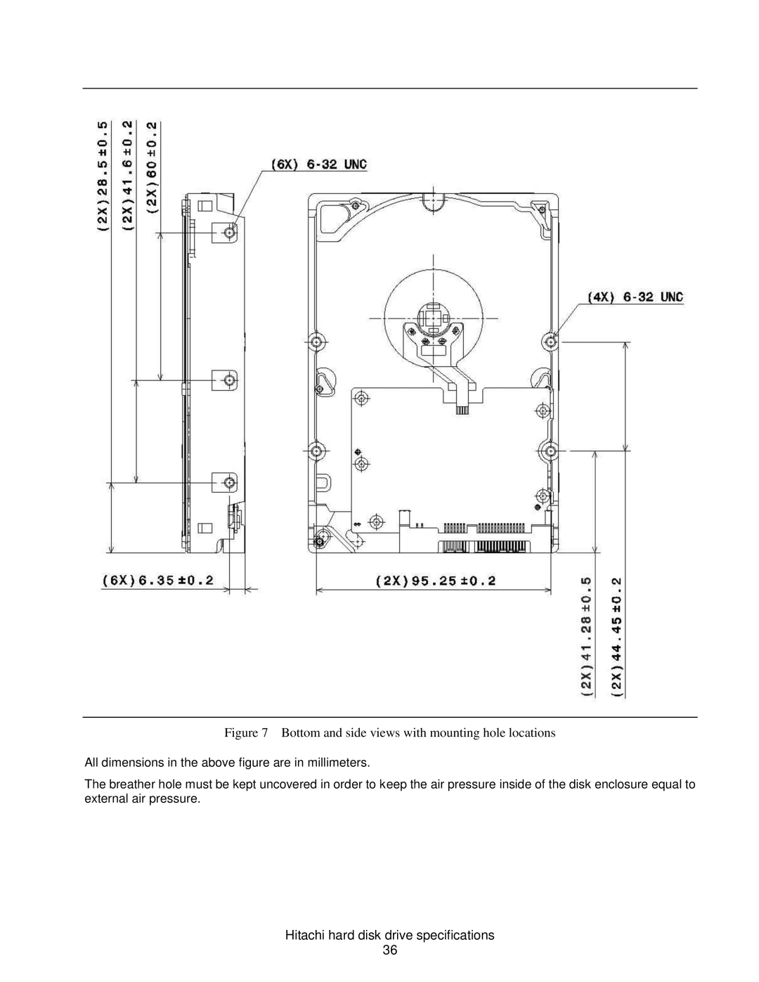 Hitachi HDS721010CLA332, HCS721050CLA382, HCS721032CLA382, A7K2000 Bottom and side views with mounting hole locations 