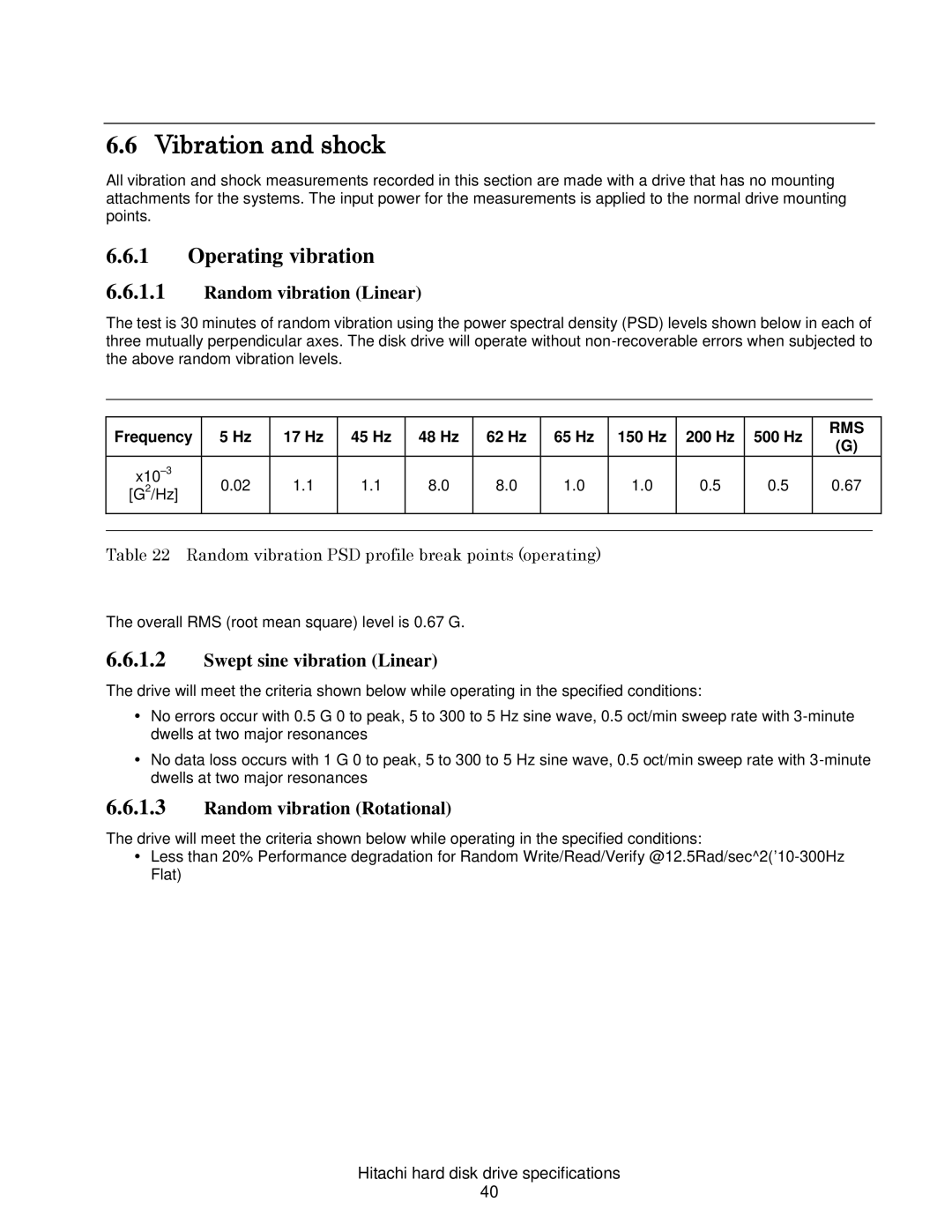 Hitachi HDS721025CLA382 Vibration and shock, Operating vibration, Random vibration Linear, Swept sine vibration Linear 