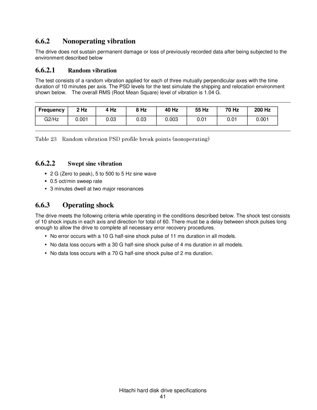 Hitachi HDS721010CLA632, HCS721050CLA382 Nonoperating vibration, Operating shock, Random vibration, Swept sine vibration 