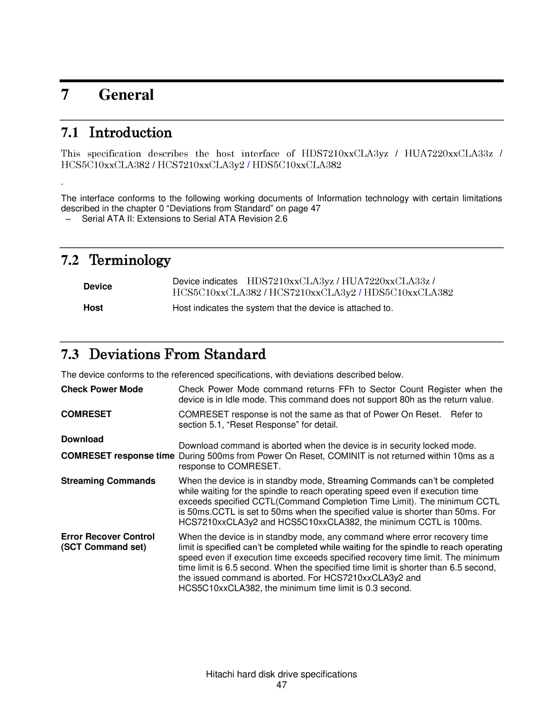 Hitachi HCS721032CLA382, HCS721050CLA382, HCS721025CLA382 Terminology, Deviations From Standard, Device, Check Power Mode 