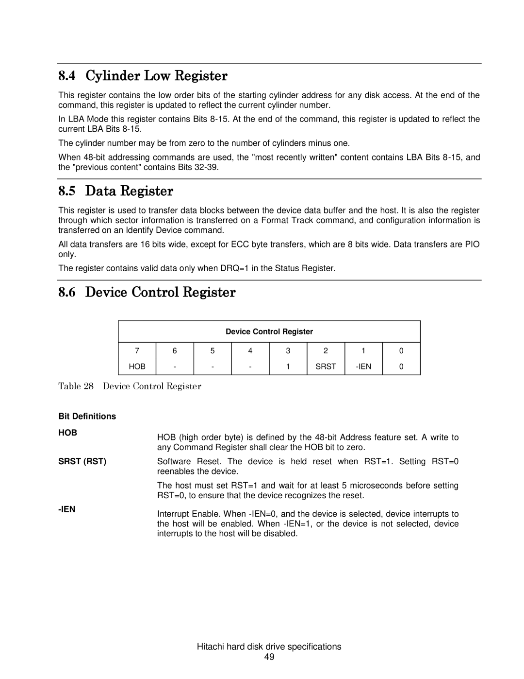 Hitachi HCS721075CLA332, HCS721050CLA382 Cylinder Low Register, Data Register, Device Control Register, Bit Definitions 