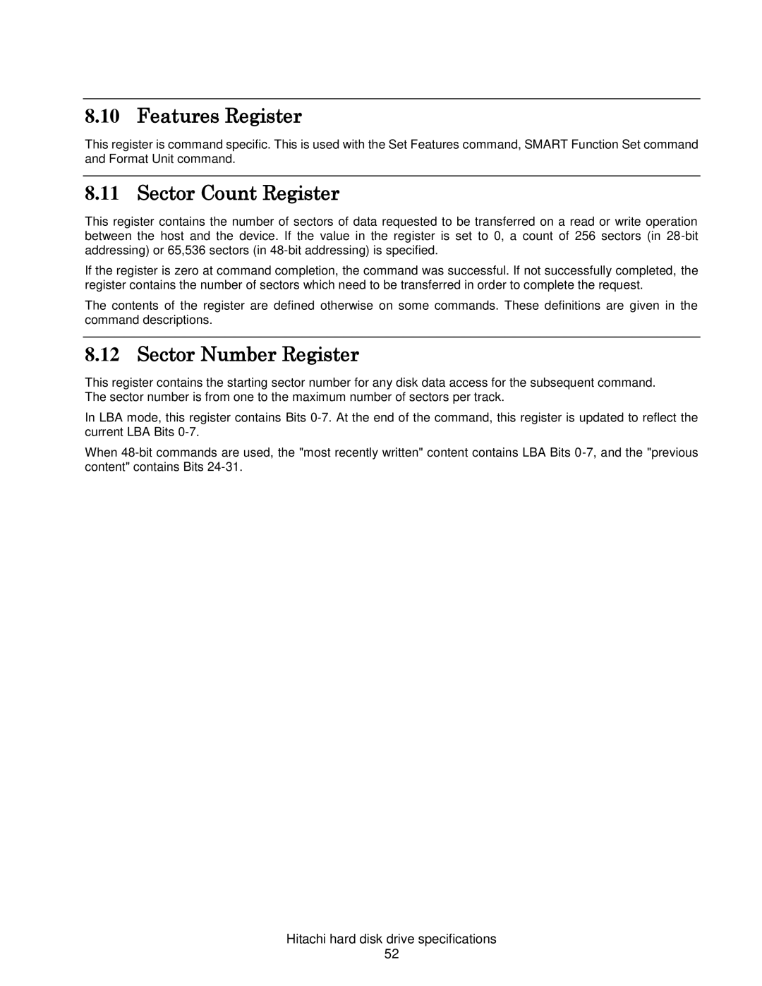 Hitachi HDS721050CLA662, HCS721050CLA382, HCS721032CLA382 Features Register, Sector Count Register, Sector Number Register 