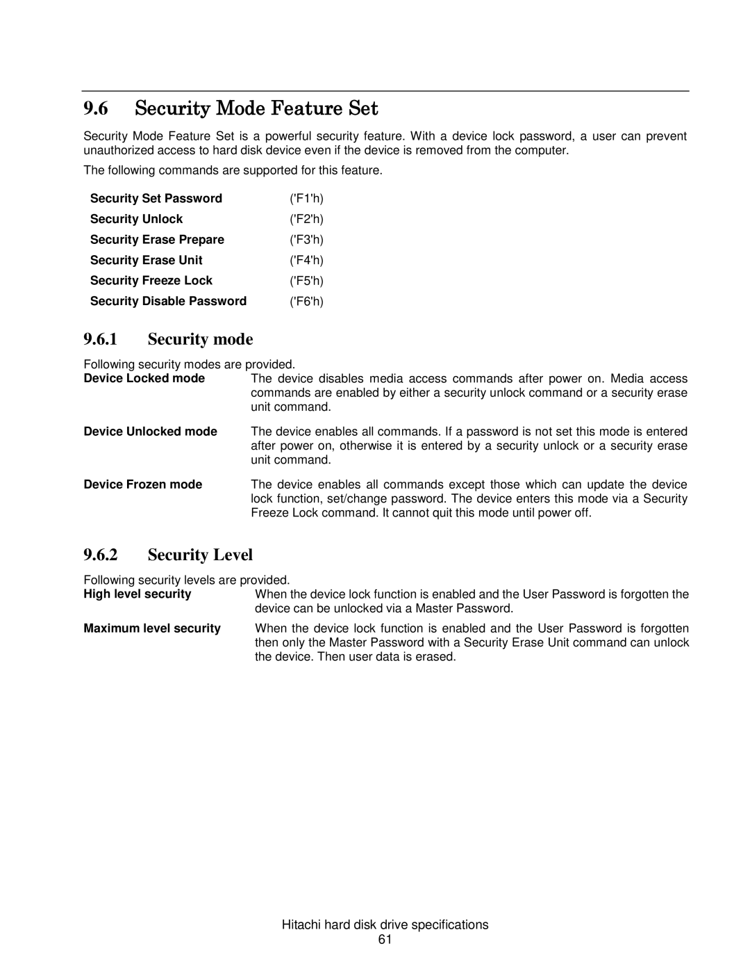 Hitachi HDS721025CLA682 Security Mode Feature Set, Security mode, Security Level, Device Unlocked mode, Device Frozen mode 