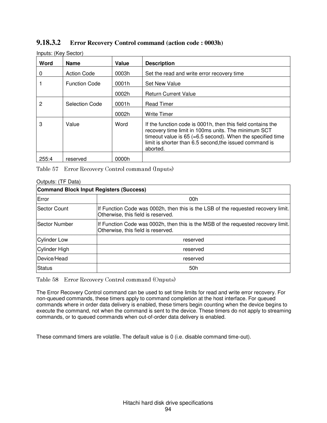 Hitachi HCS721025CLA382, A7K2000 Error Recovery Control command action code 0003h, Error Recovery Control command Inputs 