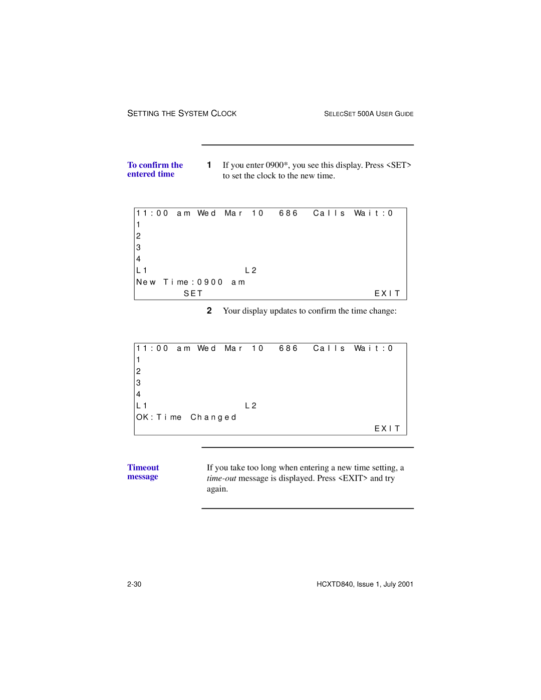 Hitachi HCX5000I manual To confirm, Entered time, Timeout, Message 