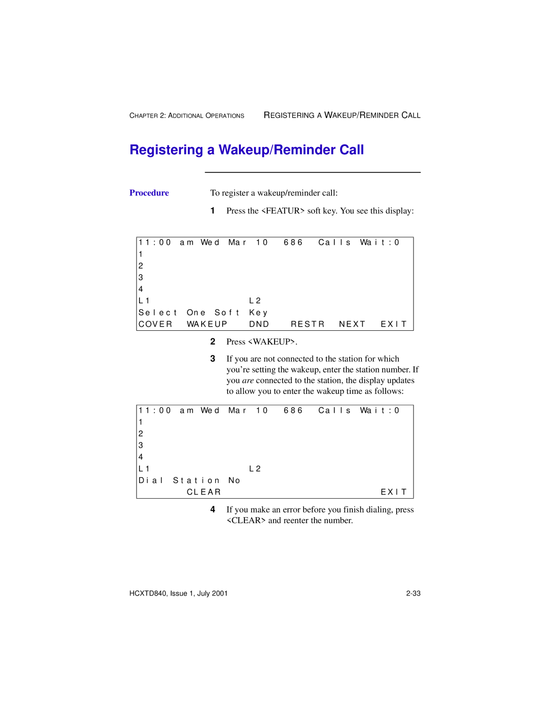 Hitachi HCX5000I manual Registering a Wakeup/Reminder Call, To register a wakeup/reminder call 